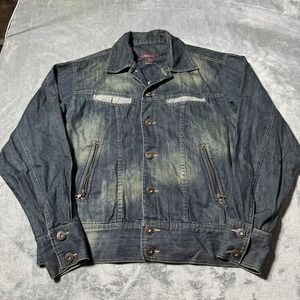 VTG Y2K Koutons Jeanswear Mens Faded Blue Denim Jacket Size XL Hip Hop Baggy